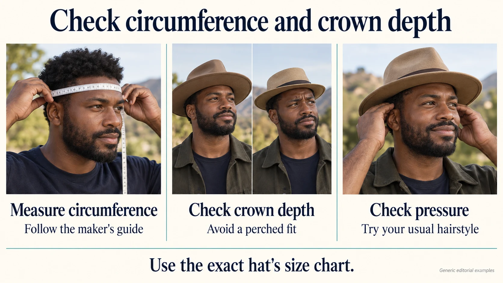Check circumference and crown depth: Measure circumference: Follow the maker's guide; Check crown depth: Avoid a perched fit; Check pressure: Try your usual hairstyle.