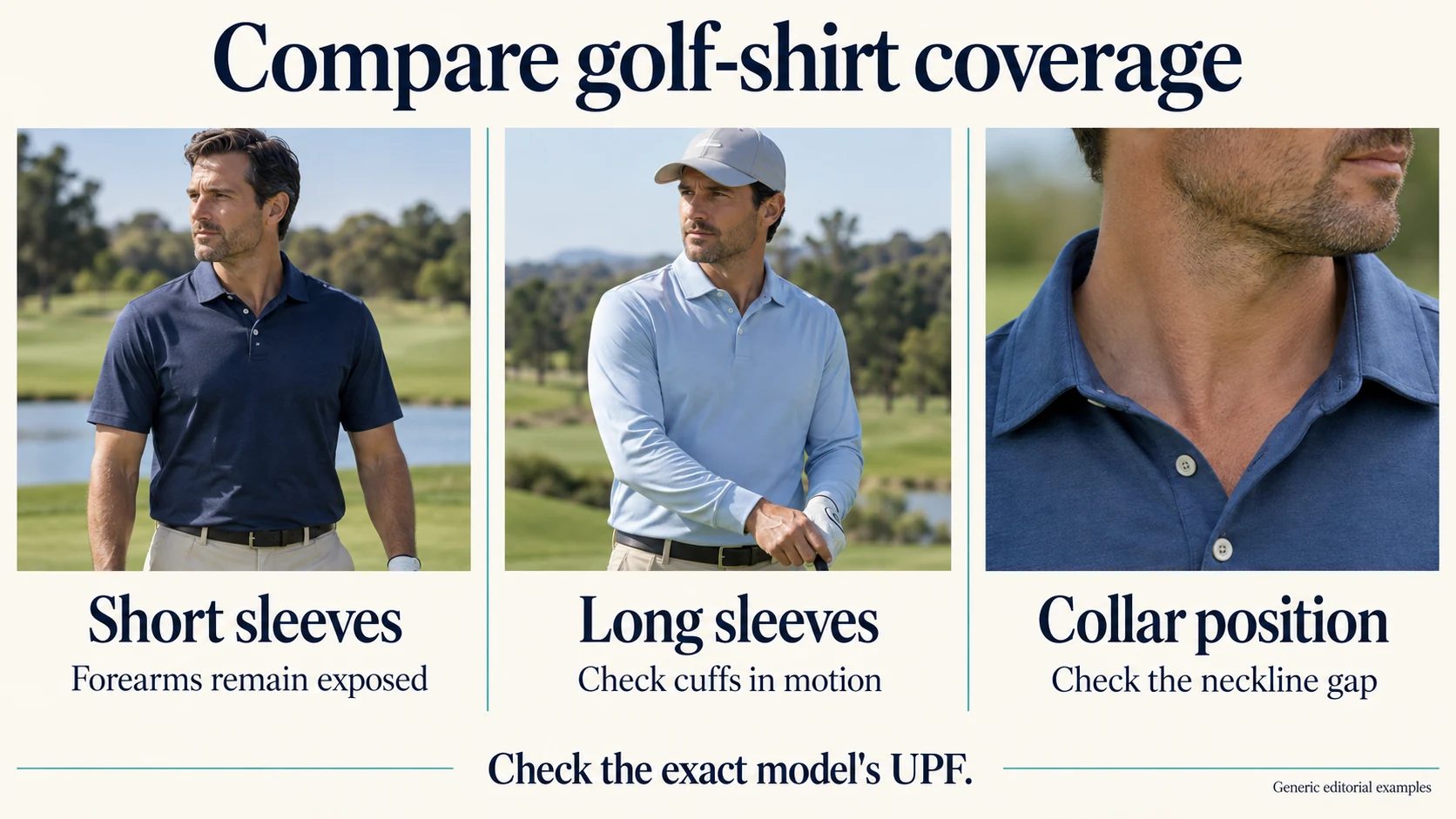 Compare golf-shirt coverage: Short sleeves: Forearms remain exposed; Long sleeves: Check cuffs in motion; Collar position: Check the neckline gap.