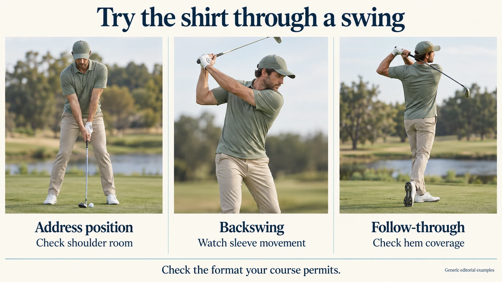 Try the shirt through a swing: Address position: Check shoulder room; Backswing: Watch sleeve movement; Follow-through: Check hem coverage.