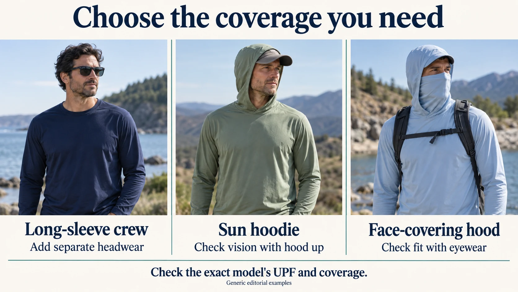 Choose the coverage you need: Long-sleeve crew: Add separate headwear; Sun hoodie: Check vision with hood up; Face-covering hood: Check fit with eyewear.
