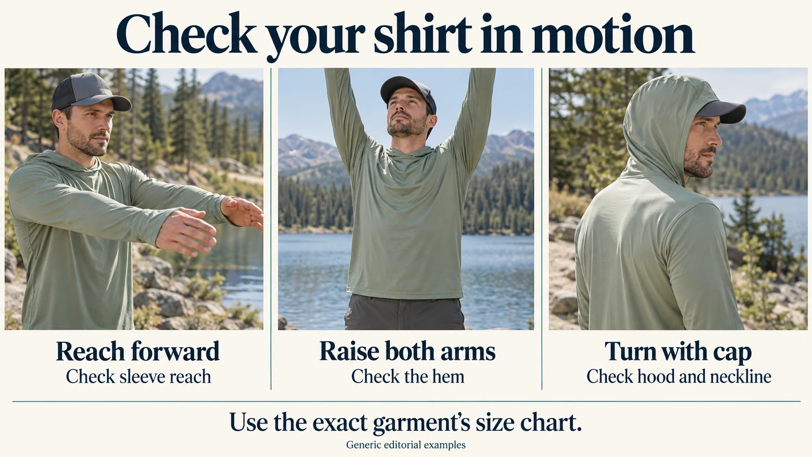 Check your shirt in motion: Reach forward: Check sleeve reach; Raise both arms: Check the hem; Turn with cap: Check hood and neckline.