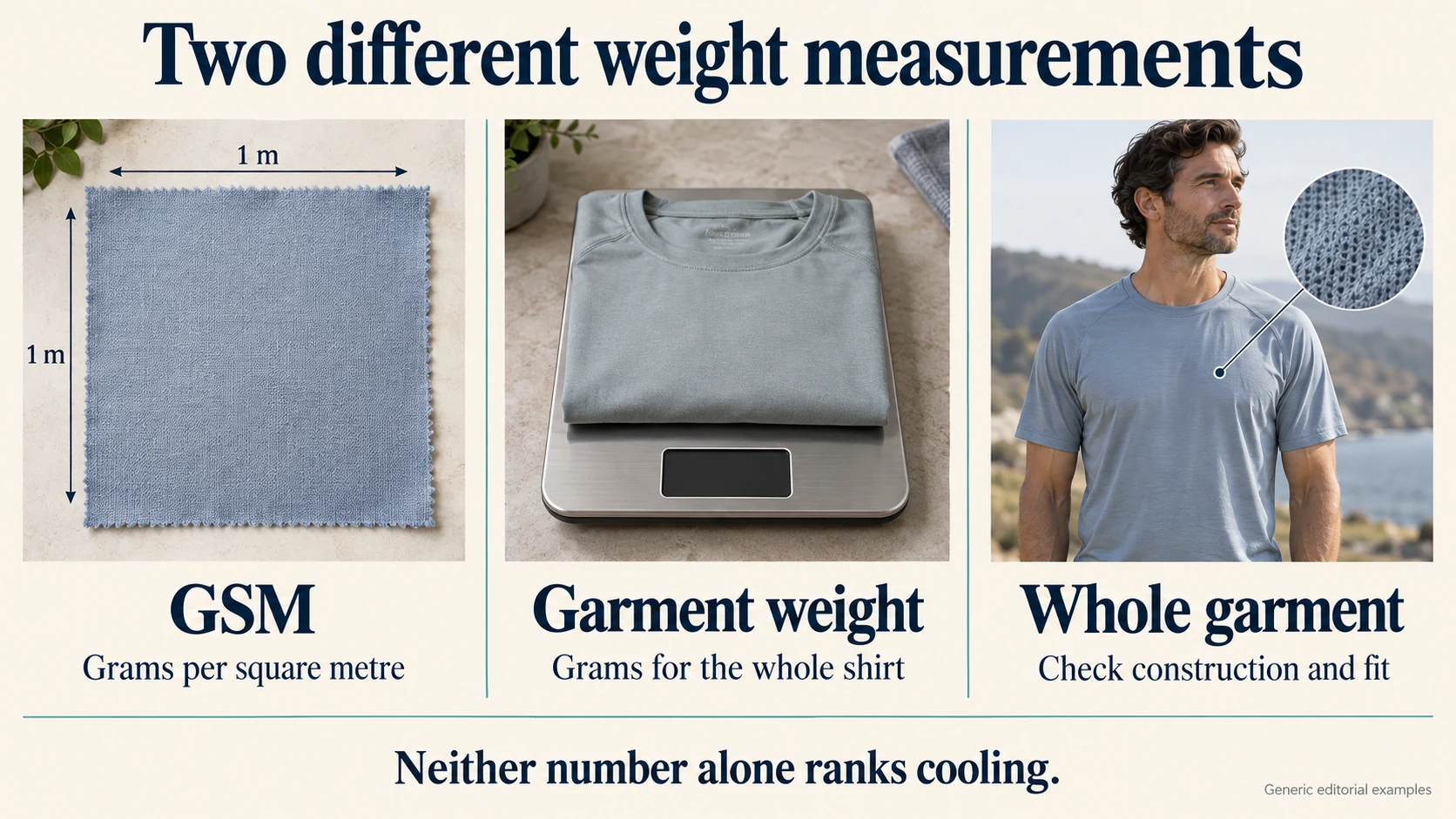 Two different weight measurements: GSM: Grams per square metre; Garment weight: Grams for the whole shirt; Whole garment: Check construction and fit.