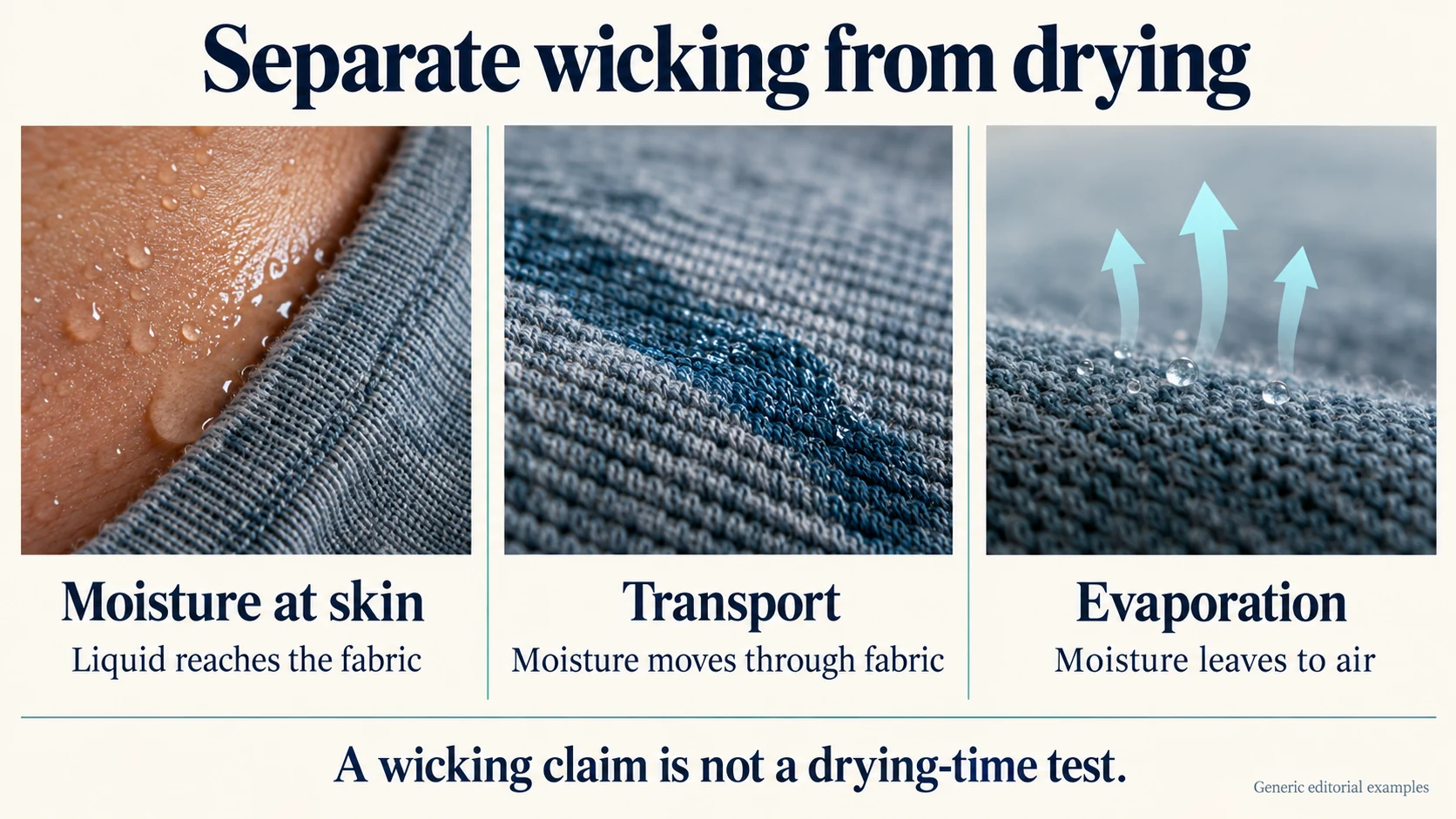 Separate wicking from drying: Moisture at skin: Liquid reaches the fabric; Transport: Moisture moves through fabric; Evaporation: Moisture leaves to air.
